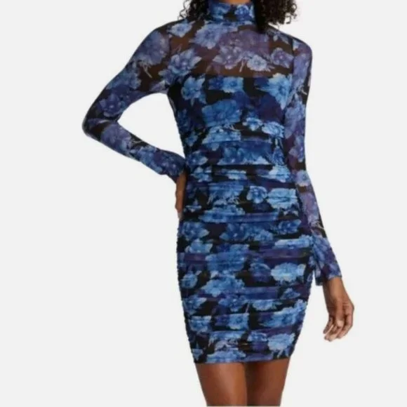 Alice + Olivia | Dresses | Alice Olivia Delora Floral Ruched Mesh Blue  Bodycon Dress Sz | Poshmark